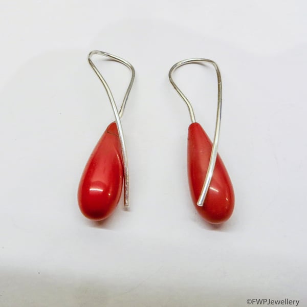 Coral Drop Earrings with Silver Wire Hook