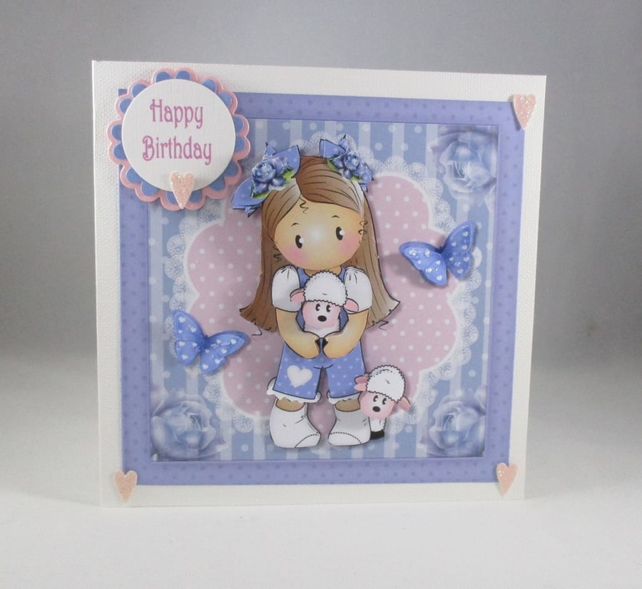 Decoupage,3D Cute Girl and Lambs Birthday Card,Personalise