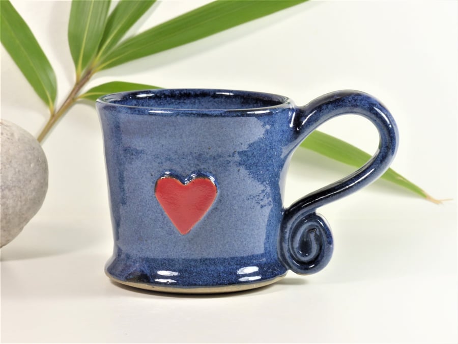  Red Heart Beautiful Blue Mug  Ceramic Pottery Wheelthrown Stoneware