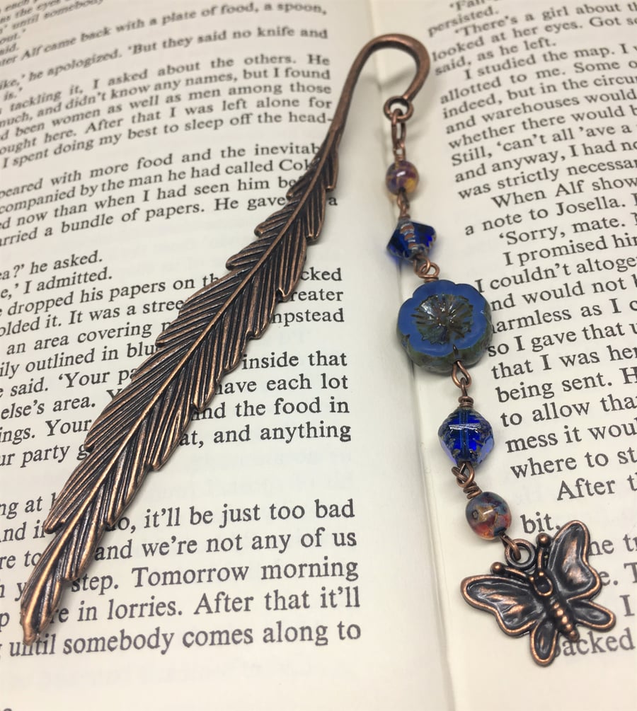 Copper feather blue beaded bookmark