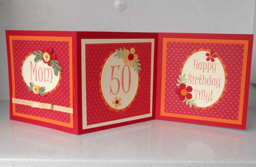 50th birthday card - 3 panel, quilling, can be personalised