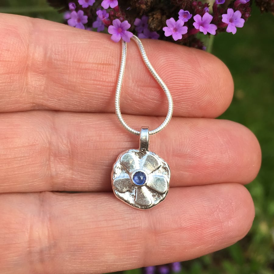 Silver and sapphire flower pendant and chain