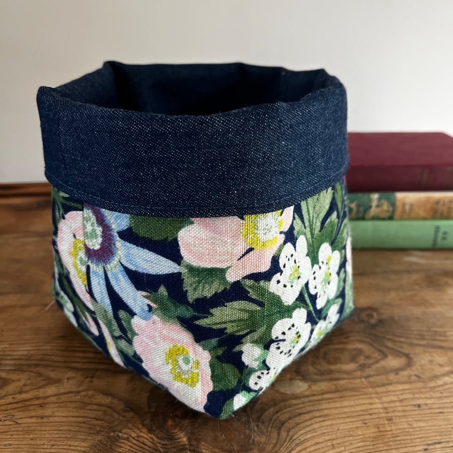Vintage Belinda linen and dark denim reversible storage basket plant pot