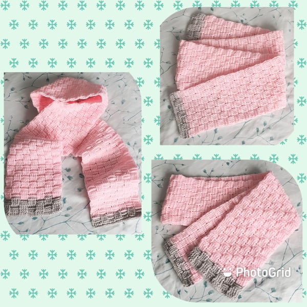 Chunky pink and grey scarf, crochet 