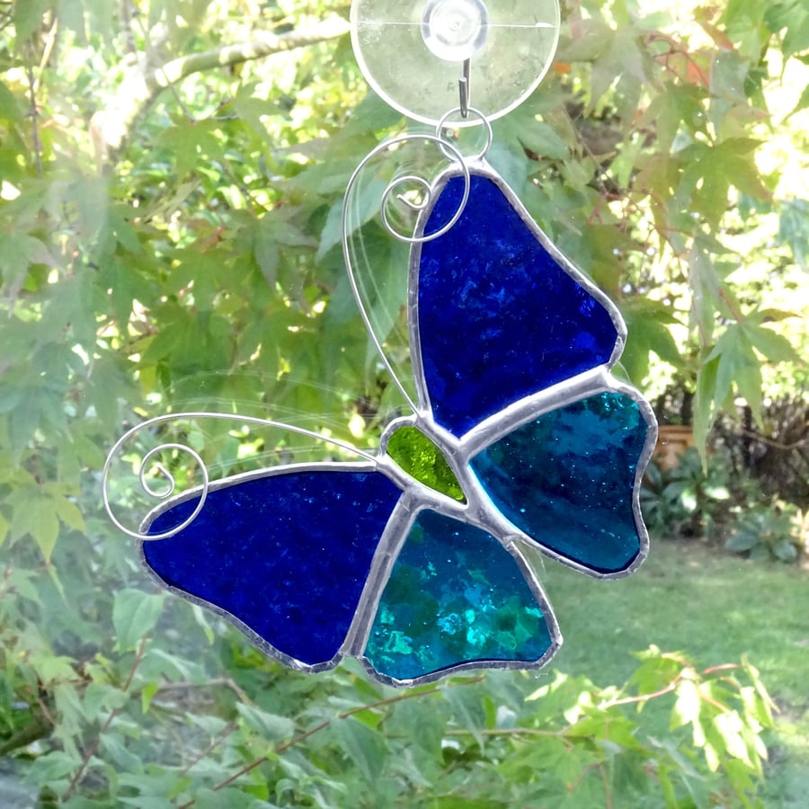 Stained Glass Butterfly Suncatcher - Handmade Decoration - Blue and Turquoise