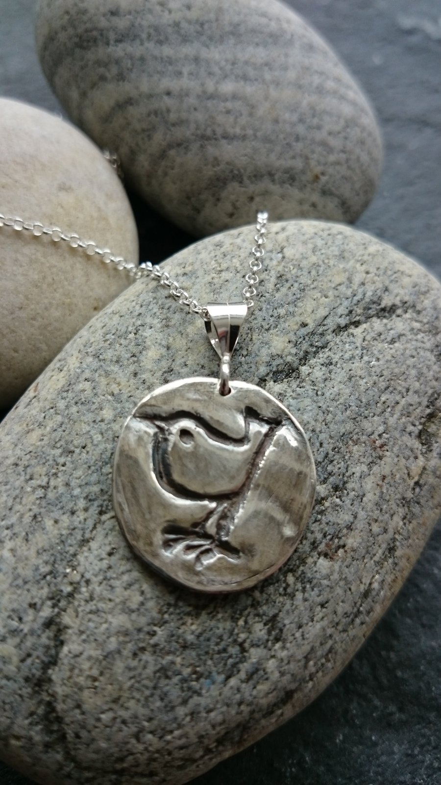 Little wren handmade fine silver pendant on sterling silver chain