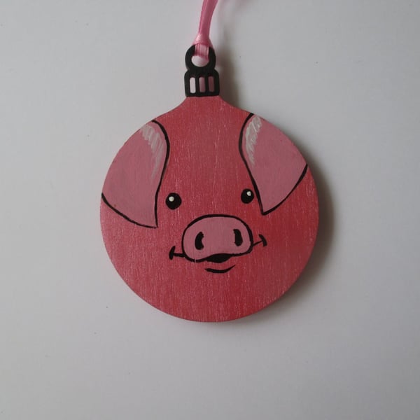 Pink Pig Christmas Tree Bauble Decoration Wood Wooden Hanging Piglet Piggy