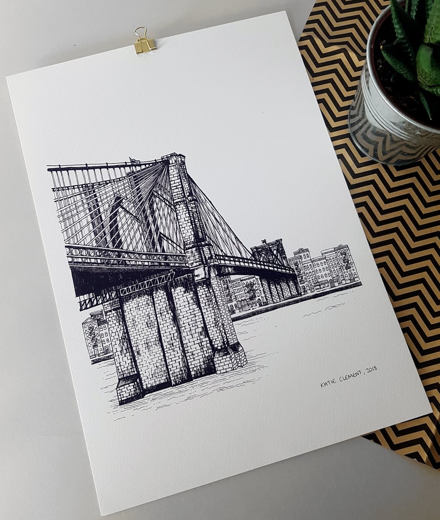 Brooklyn Bridge NYC Giclee Fine Art Print- New York City Illustration- A5 A4 A3