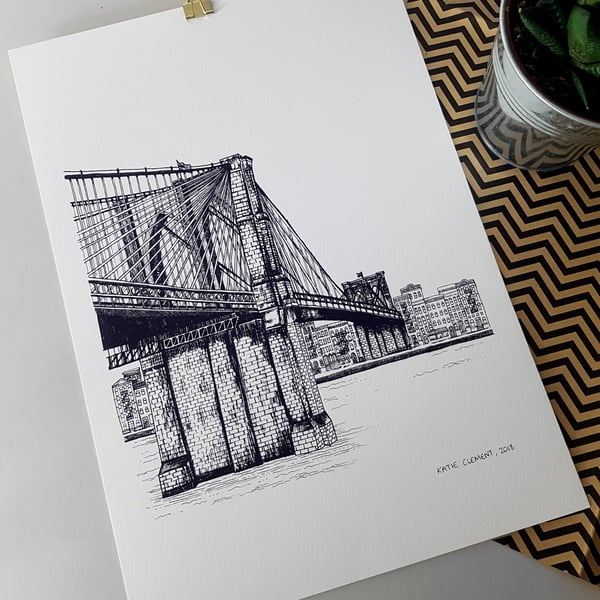 Brooklyn Bridge NYC Giclee Fine Art Print- New York City Illustration- A5 A4 A3