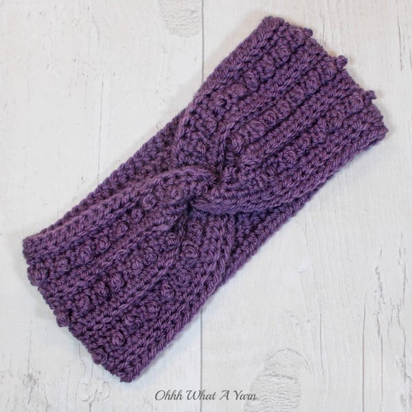 Ladies crochet mauve twist ear warmer. Ear warmer. Purple headband.