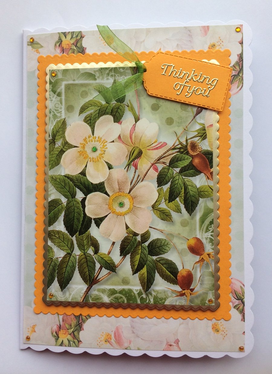 Thinking of You Card White Flowers Bush Sympathy Get Well 3D Luxury Handmade Car
