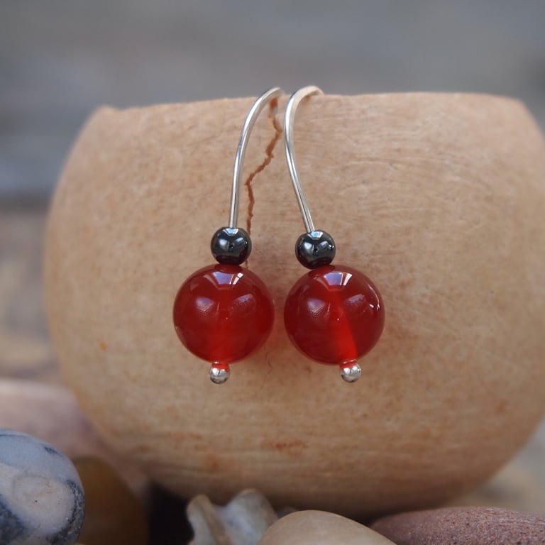 Silver bead drop carnelian earring - sterling silver, hematite & carnelian beads