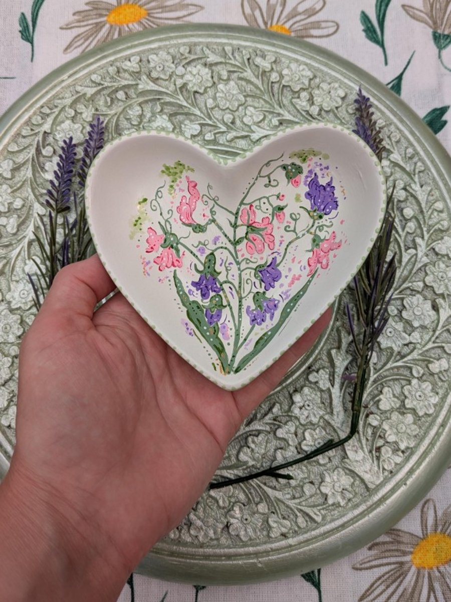 Sweet Pea hand-painted heart ceramic ring dish