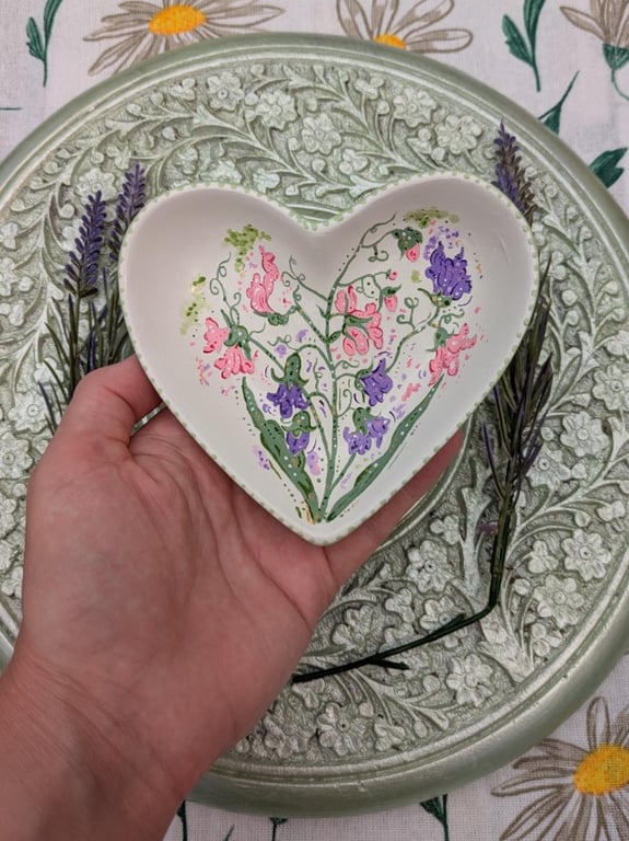Sweet Pea hand-painted heart ceramic ring dish