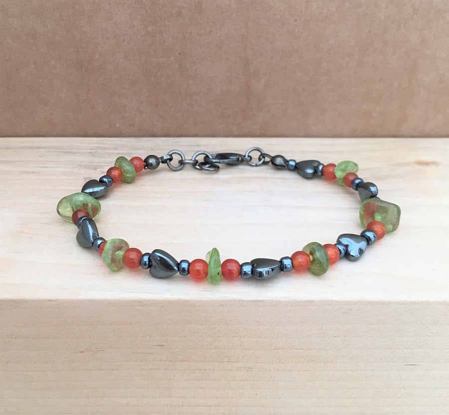 Yoga Bracelet - Stress Anxiety Relief - Peridot Stone Chip - Red Agate And Heart