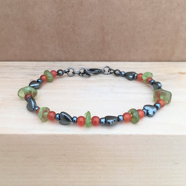 Yoga Bracelet - Stress Anxiety Relief - Peridot Stone Chip - Red Agate And Heart