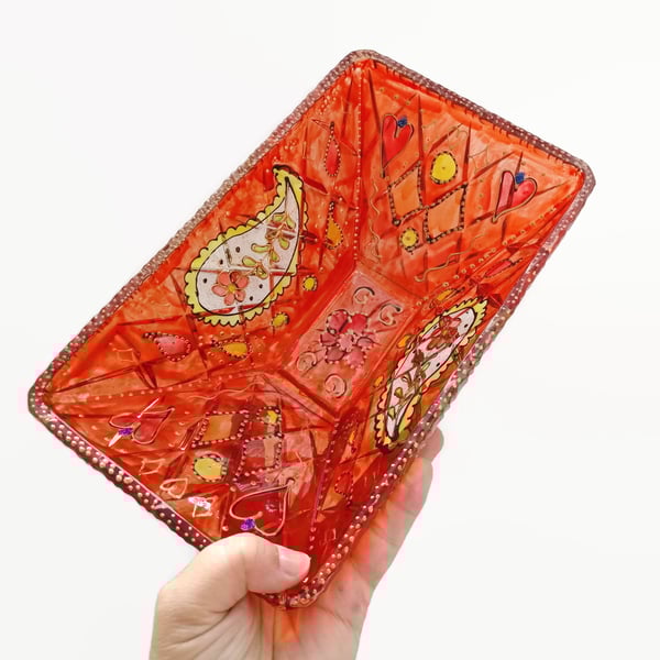 Handpainted Upcycled Glass Dish Red