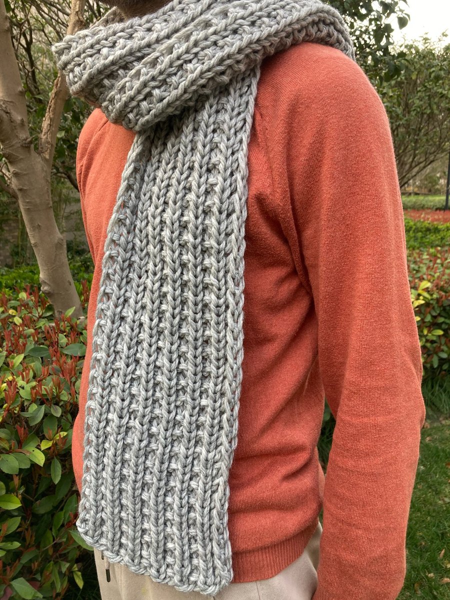 Hand knitted chunky rib alpaca blend scarf