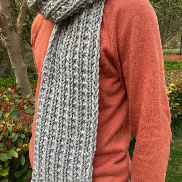 Hand knitted chunky rib alpaca blend scarf