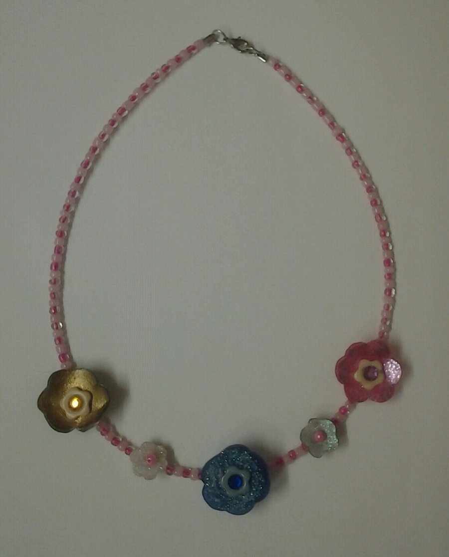 Flower and Bead Memory Wire Necklace