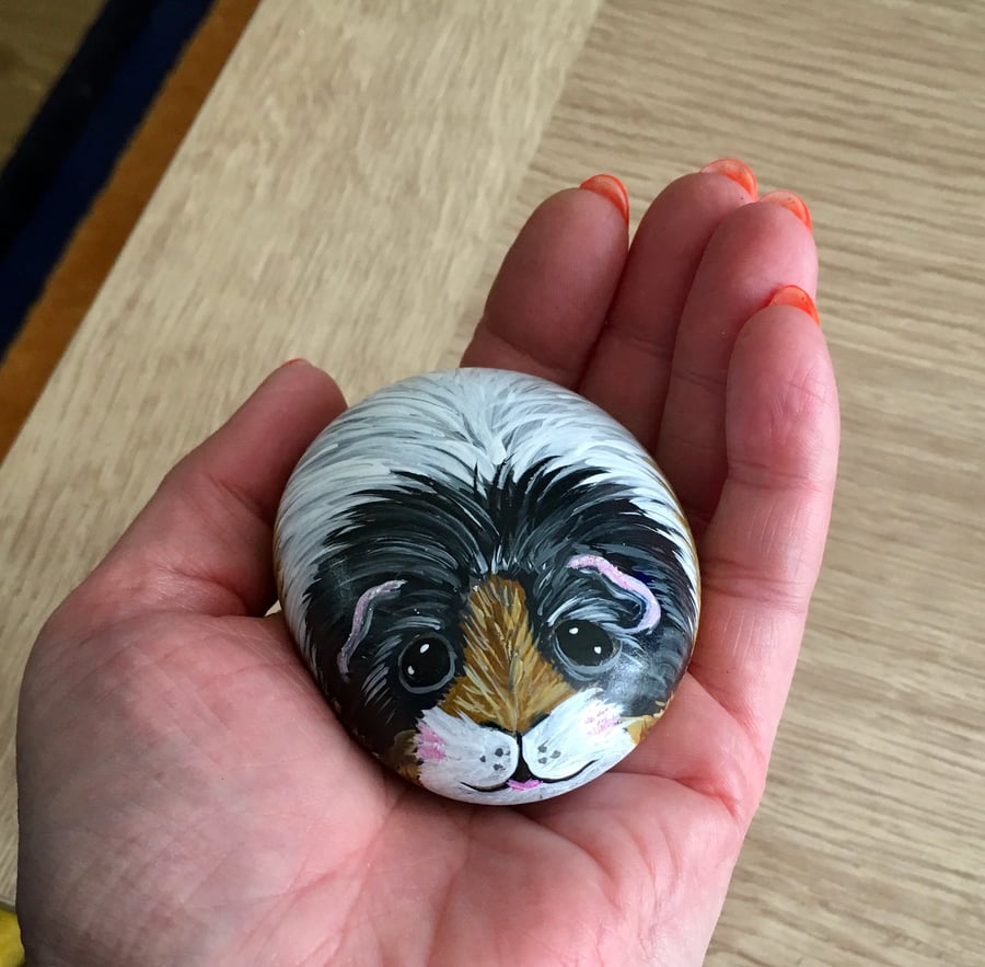 Guinea pig painted pebble rock pet portrait 