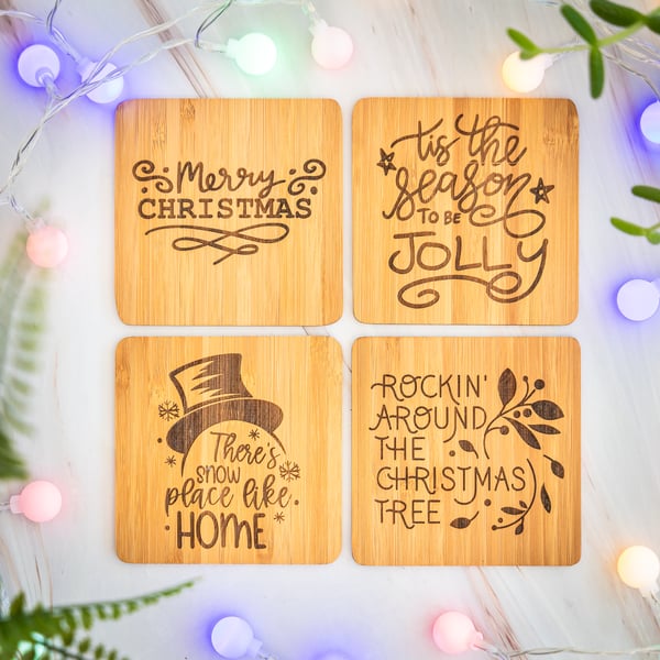 Joyful Handcrafted Christmas Coasters. Set of 4.