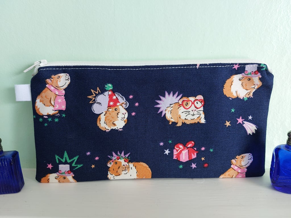 Fun Guinea Pig Blue Cotton Pencil Case or Small Make Up Bag.
