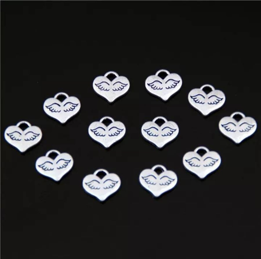 Angel Wing Charms  Hearts Silver 10mm X 6