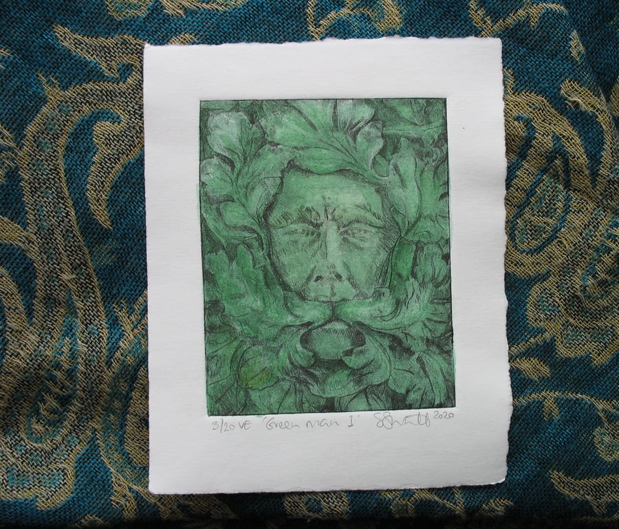 Green Man drypoint etching print with watercolour