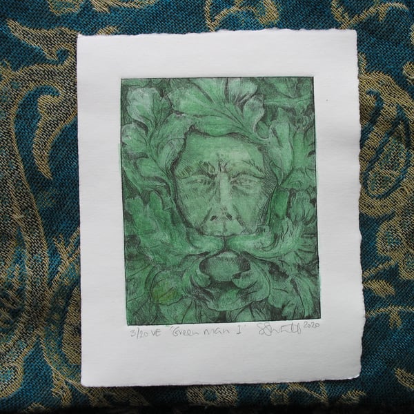 Green Man drypoint etching print with watercolour