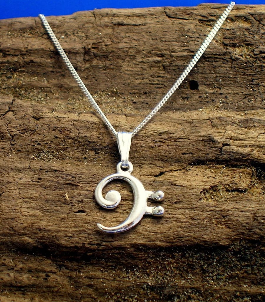 Silver Bass Clef Necklace, Bass Clef Pendant, Sterling Silver.