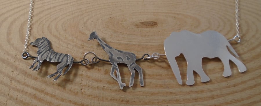 Sterling Silver Etched Safari Animals Necklace