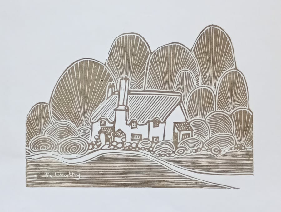 Limited edition linoprint Selworthy green gift for lovers of the countryside 