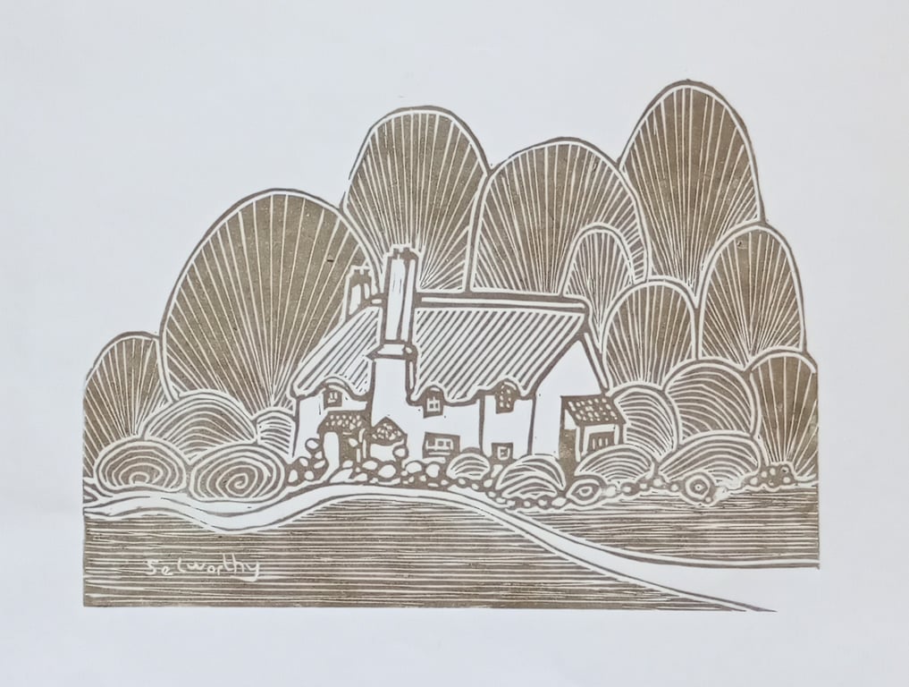 Limited edition linoprint Selworthy green gift for lovers of the countryside 