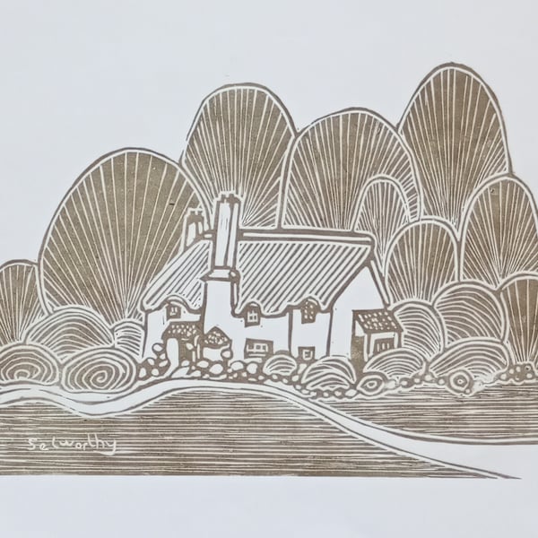 Limited edition linoprint Selworthy green gift for lovers of the countryside 