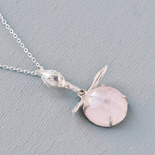 Solid 925 Sterling Silver Rose Quartz Gemstone Rosebud Pendant Hallmarked 