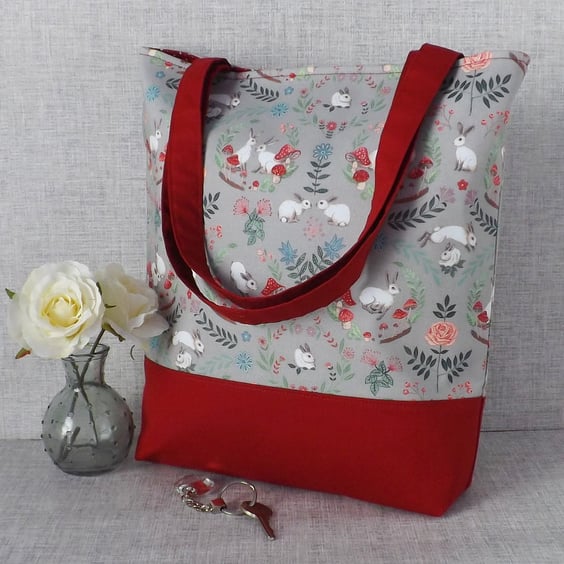 Tote bag, shopping bag, rabbits, mushrooms