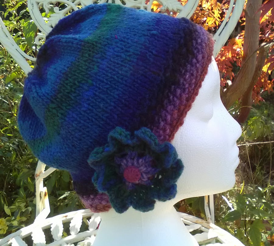 Handknit Noro Big Flower Beanie Hat  100% wool Green, Blues and purple MED