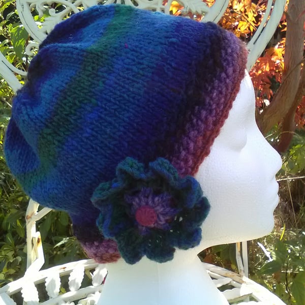 Handknit Noro Big Flower Beanie Hat  100% wool Green, Blues and purple MED