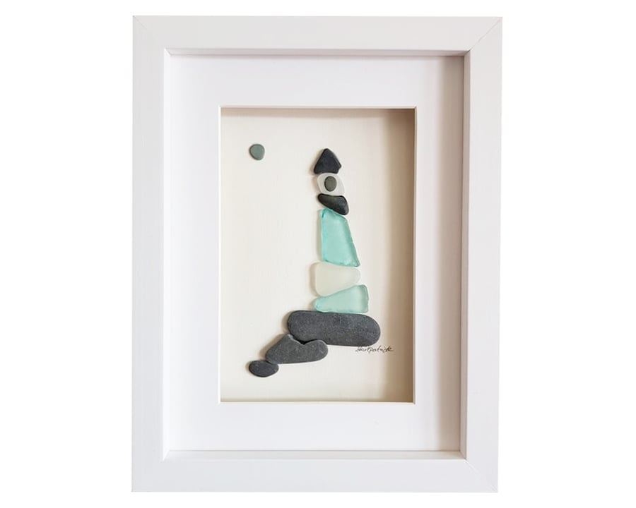 Blue Lighthouse - Sea Glass And Pebble Picture - Framed Unique Handmade Art