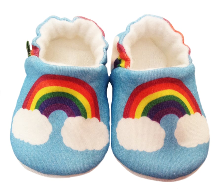BABY PRAM SHOES Organic RAINBOWS ON BLUE Soft soled Kids Slippers GIFT IDEA 0-9Y