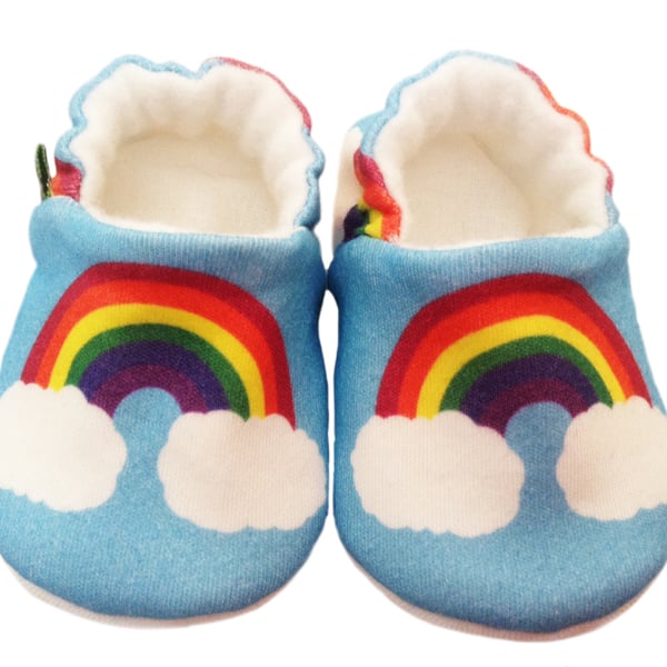 BABY PRAM SHOES Organic RAINBOWS ON BLUE Soft soled Kids Slippers GIFT IDEA 0-9Y