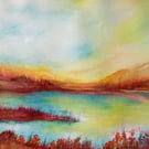 A watercolour painting of mountain lake scene using watercolour  colourful origi