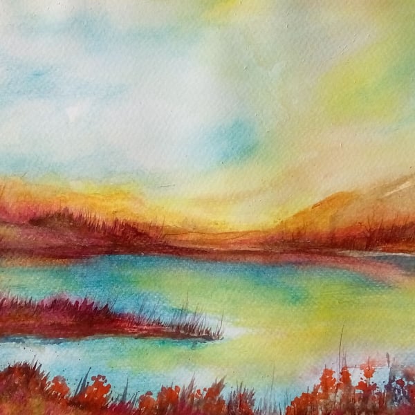 A watercolour painting of mountain lake scene using watercolour  colourful origi