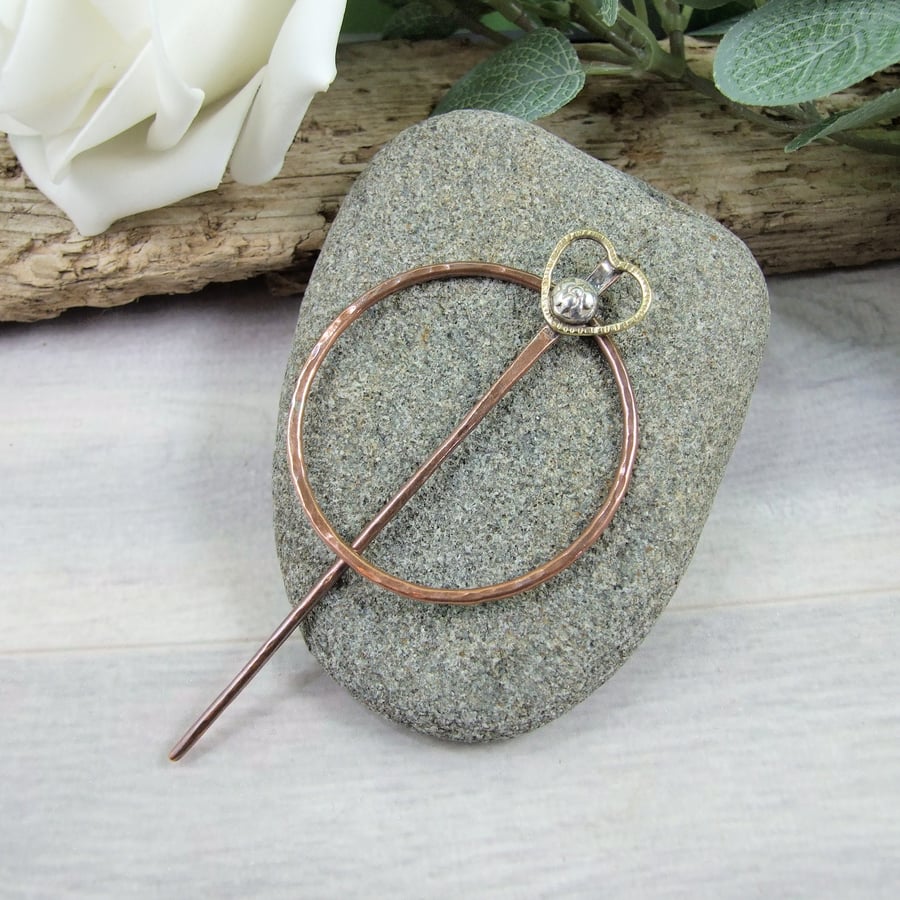 Shawl Pin, Copper Ring with Heart Topped Pin