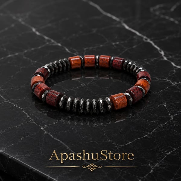 Men's Black Hematite and Brown Wood Bead Bracelet – 19 cm