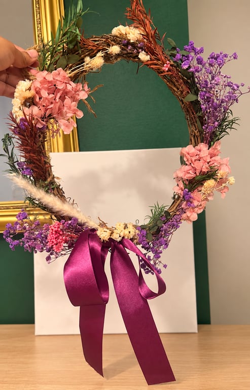 Natural Dried Flower Wreath 10 Inch - Handmade Rustic Floral Wreath - Pink Purpl
