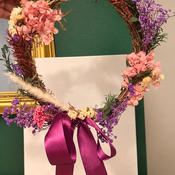 Natural Dried Flower Wreath 10 Inch - Handmade Rustic Floral Wreath - Pink Purpl