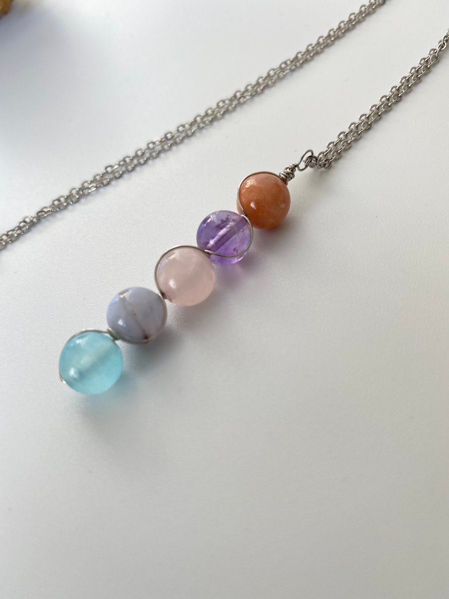 Steel Wire Wrapped Five Gemstone Crystal Pendant Necklace 
