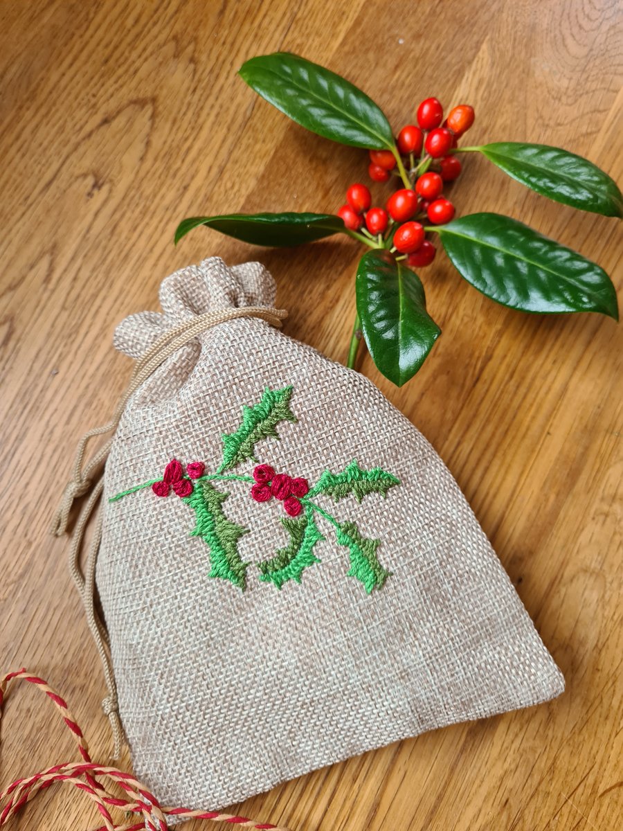 Christmas hand embroidered with a Holly design gift bags